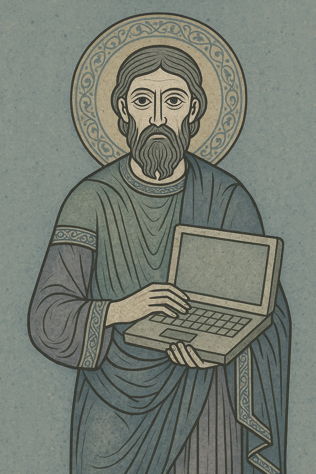 Old Slavic programmer with a laptop made of stone, detailed painterly style, historical illustration emoji