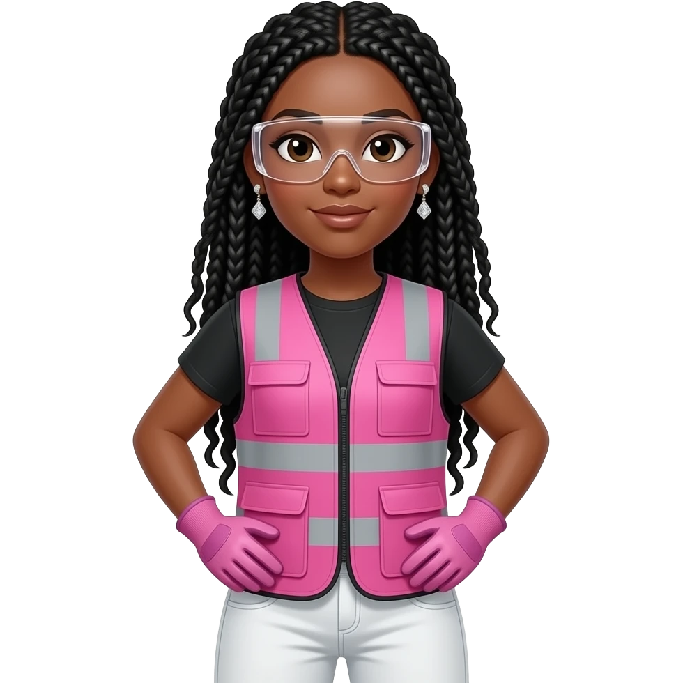 Bright skin tone woman with brown eyes with long black box braids wearing diamond earrings wearing pink and clear safety glasses wearing a pink construction vest wearing white pans wearing pink construction vest wearing white pants wearing pink construction gloves emoji