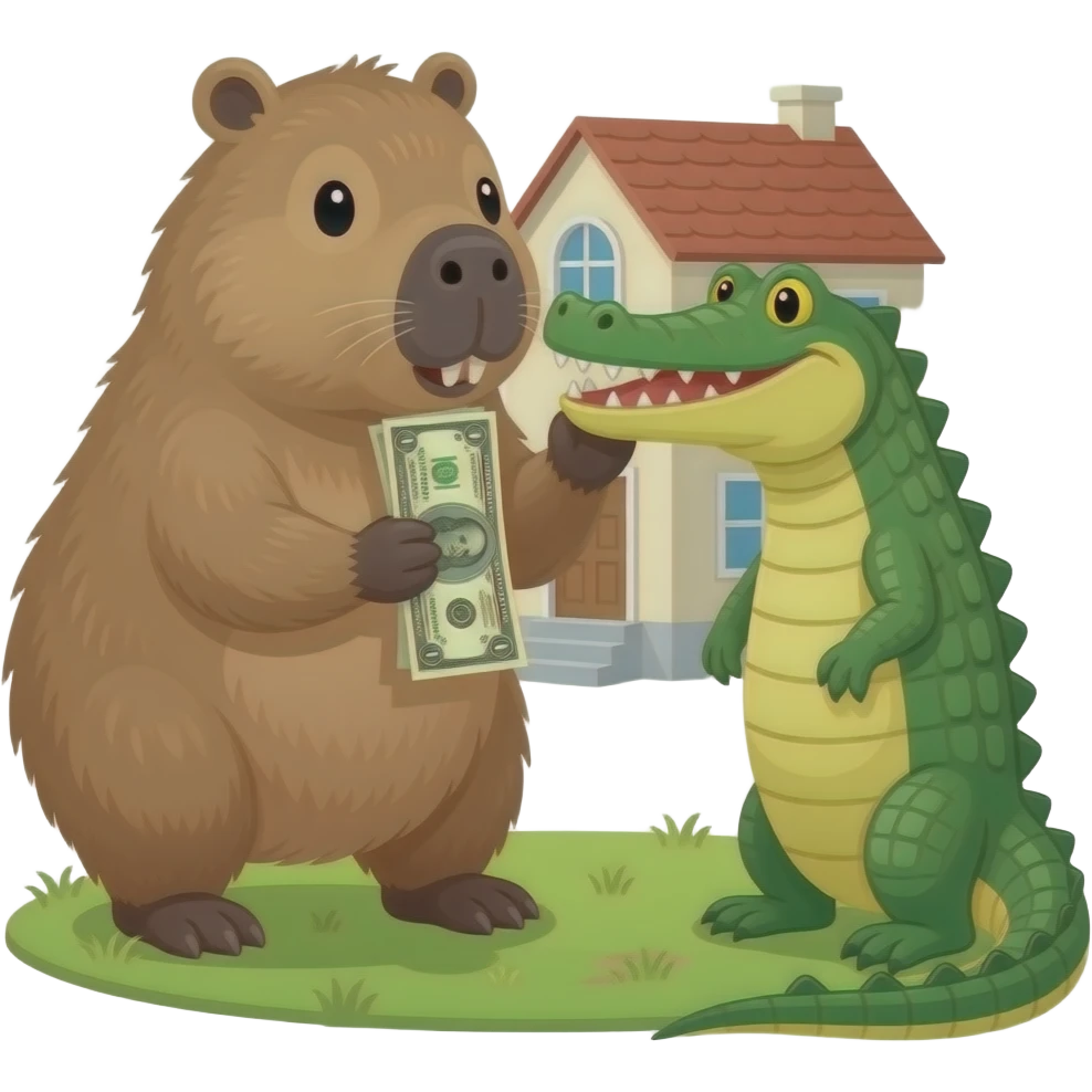 Capybara biting the tail of a crocodile than using a a 2 dollar bill to buy a house and have a family with crocodile emoji