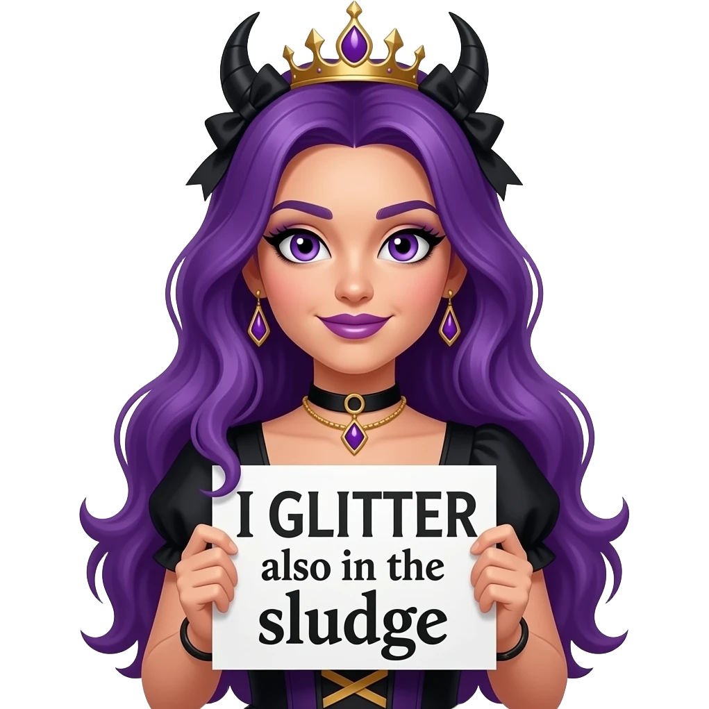 sexy girl with long purple hair and purple eyes wearing a halloween dress holding a ICH GLITZER auch im SCHLAMM sign emoji