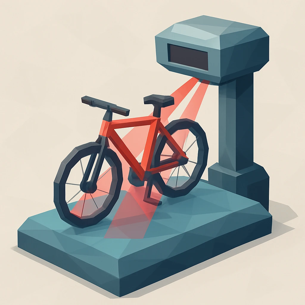 3D polygonal illustration of a bike scanner, showing a bicycle on a platform with scanning lasers and geometric shapes emoji