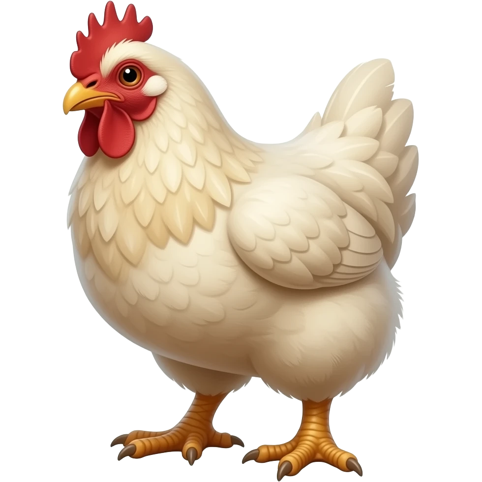 cinematic surrealistic - a huge ivory hen with grown thick male feet like a Hobbit, the hen's head is disheveled, shown at a 45 degree angle emoji