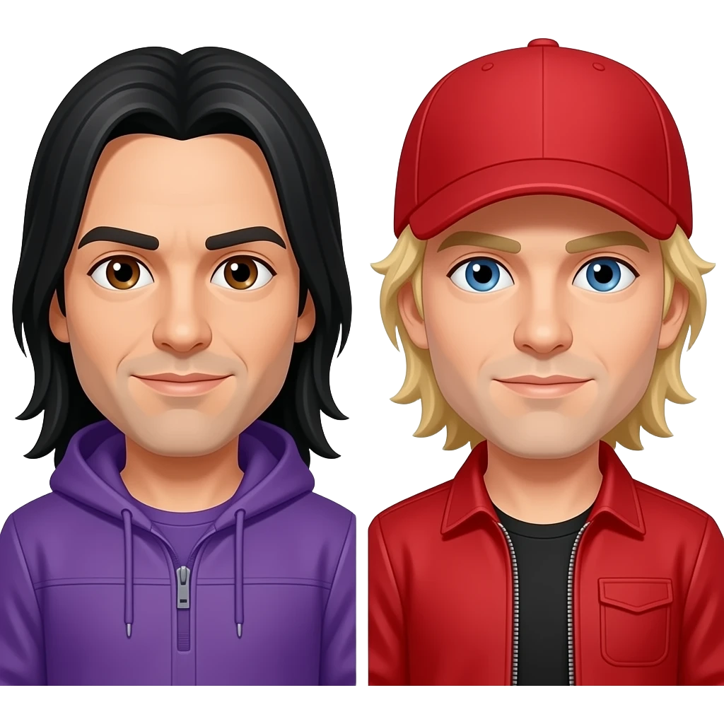 Jonathan Davis with brown eyes, long black hair, purple outfit and Fred Durst with blue eyes, blonde hair, red cap, red outfit emoji