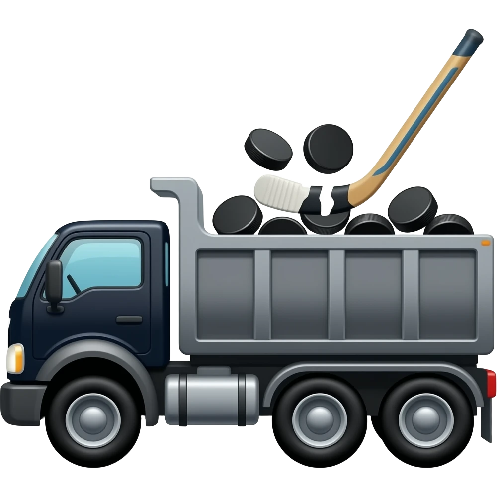 A dump truck black carrying hockey pucks with a broken money stick emoji