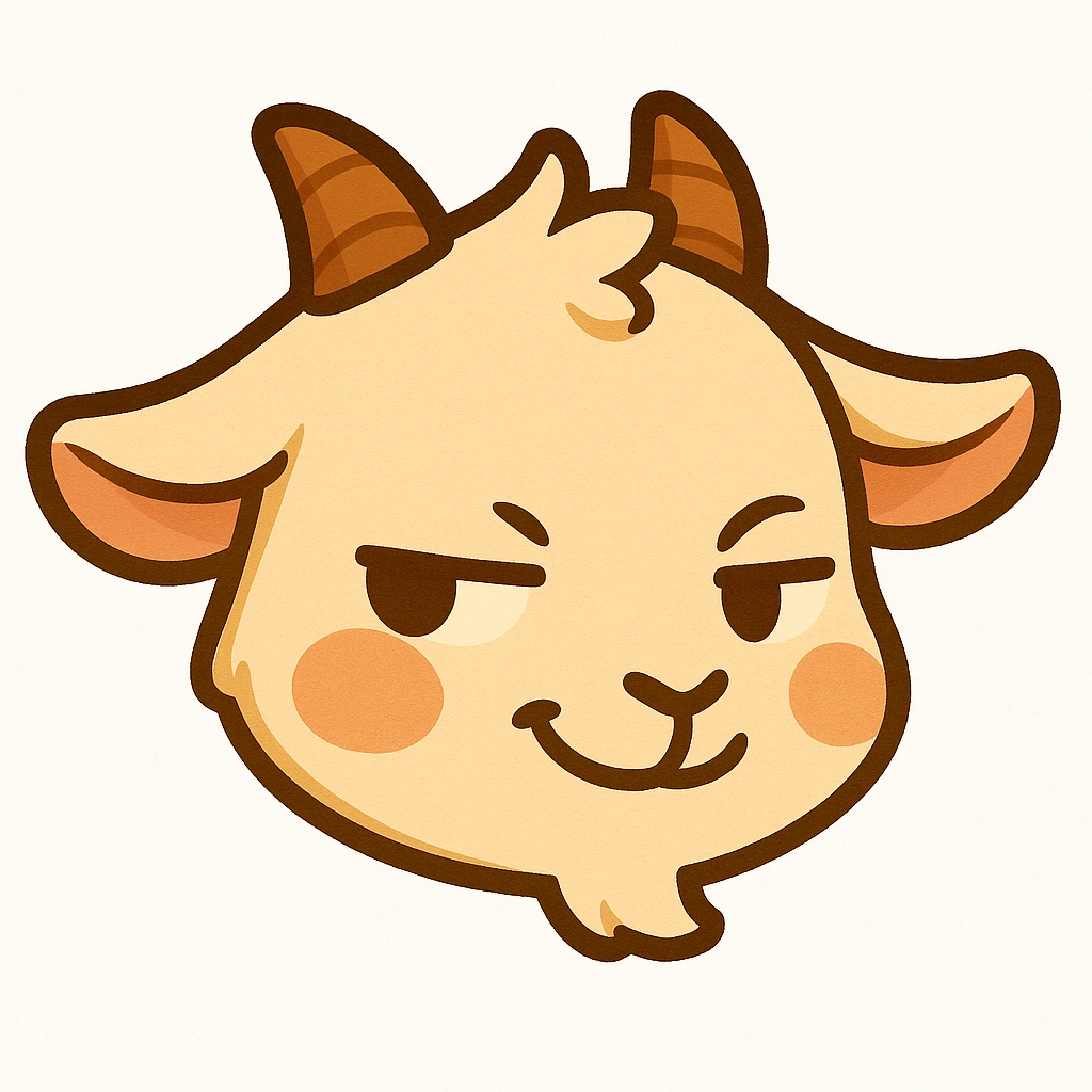 Chibi goat head only, looking to the side with a little smirk and mischievous expression, slight blush. Match the simple, clean, less detailed style and crop of the previous joyful goat head emoji. White background. Designed for a small emote. emoji