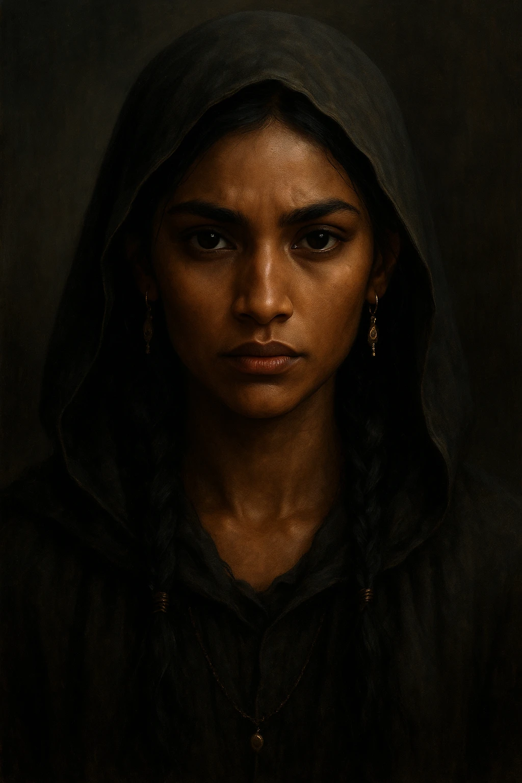 Inej Ghafa from Six of Crows, close-up portrait, Suli features, dark eyes, wearing a hood, soft but fierce expression, subtle jewelry emoji
