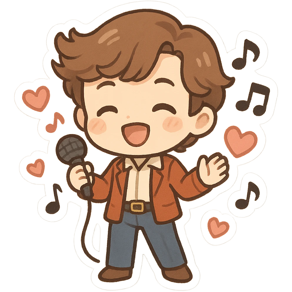 chibi version of Dave the singer, retro outfit, holding microphone, surrounded by hearts and music notes, cute sticker-like style emoji