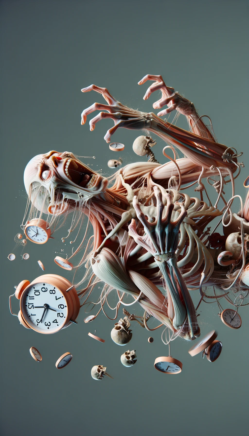 corpo umano anatomico CHE TIENE OROLOGI NELLE MANI E STA IMPAZZENDO PERCHé NON RIESCE A SVOLGERE TUTTE LE SUE ATTIVITà QUOTIDIANE: NON HA TEMPO, iperrealistico 4k emoji