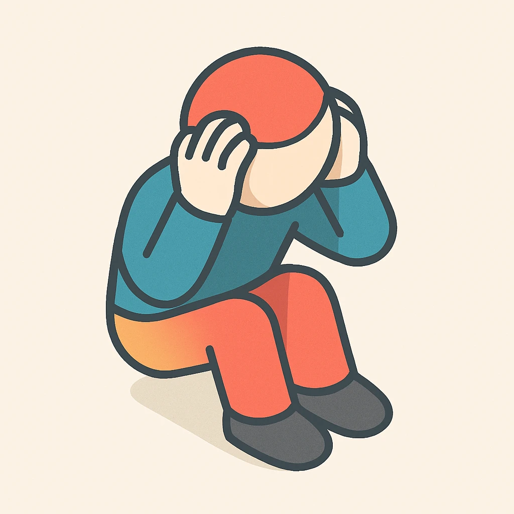 iconic little person holding head, symbolizing tiredness, stress or headache, simple form, clear shadows and highlights, 2D isometric style emoji
