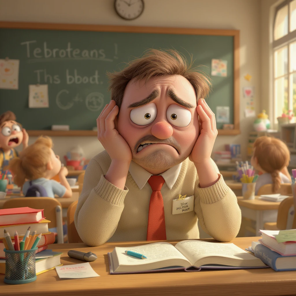 3d cartoon art of a exhausted teacher in a bustling classroom emoji