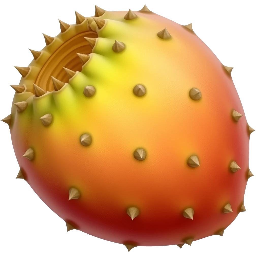 Make a stylised vector graphic illustration art yellow orange red slightly oval and irregularly shaped prickly pear fruit slightly angled slightly bumpy skin and every thorn spot with multiple tiny narrow needles emoji