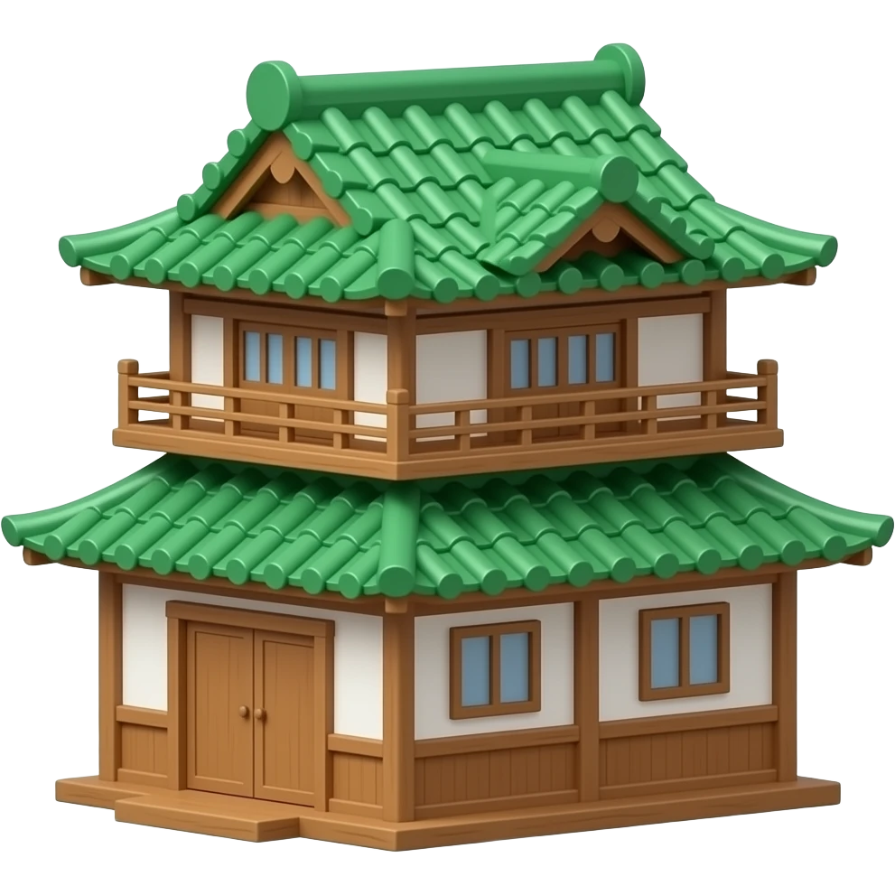 Wooden japanese house with green roof 3d png no background only 2 floor house png emoji