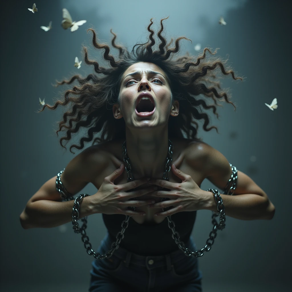 A hyperrealistic 4K image of a woman in zero gravity with tangled and wild hair, chains of worry constricting her arms and chest, face contorted with anxiety, butterflies barely escaping, cold dramatic lighting, intense anxious mood. emoji