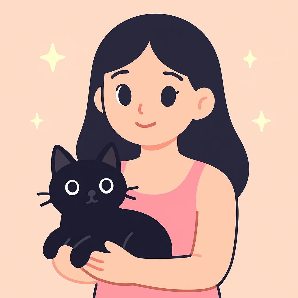 pretty woman with black hair and brown eyes, wearing a pink tank top, holding a black cat, friendly and appealing style emoji