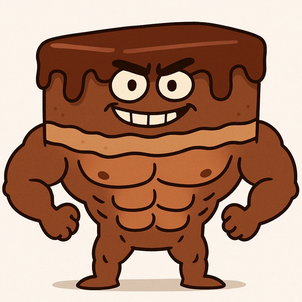 fun and bold chocolate cake with muscular abs, cartoon style, white background emoji