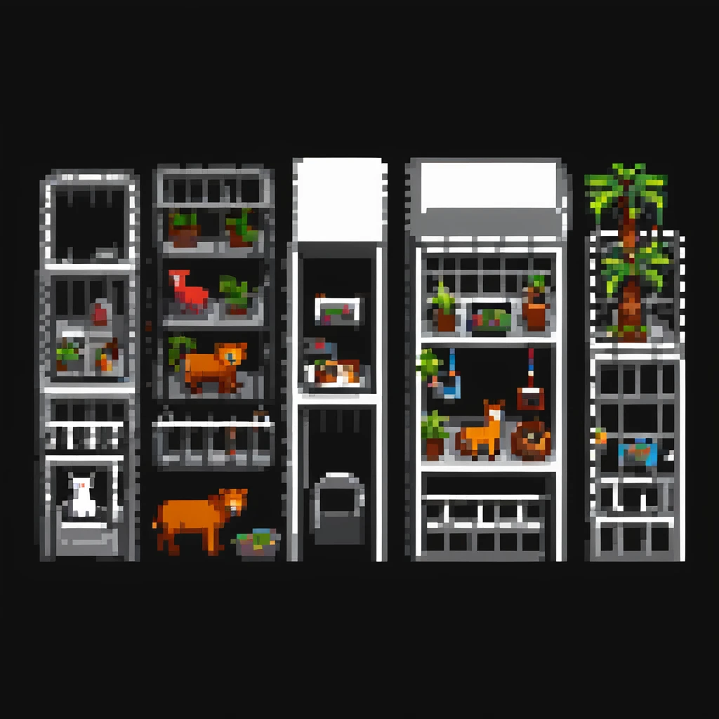 pixel art style zoo with visitors and animal cages emoji