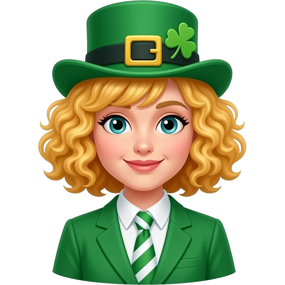blonde tight curly hair in a short bob with Happy St. Patrick's day in an St. Patrick's outfit emoji