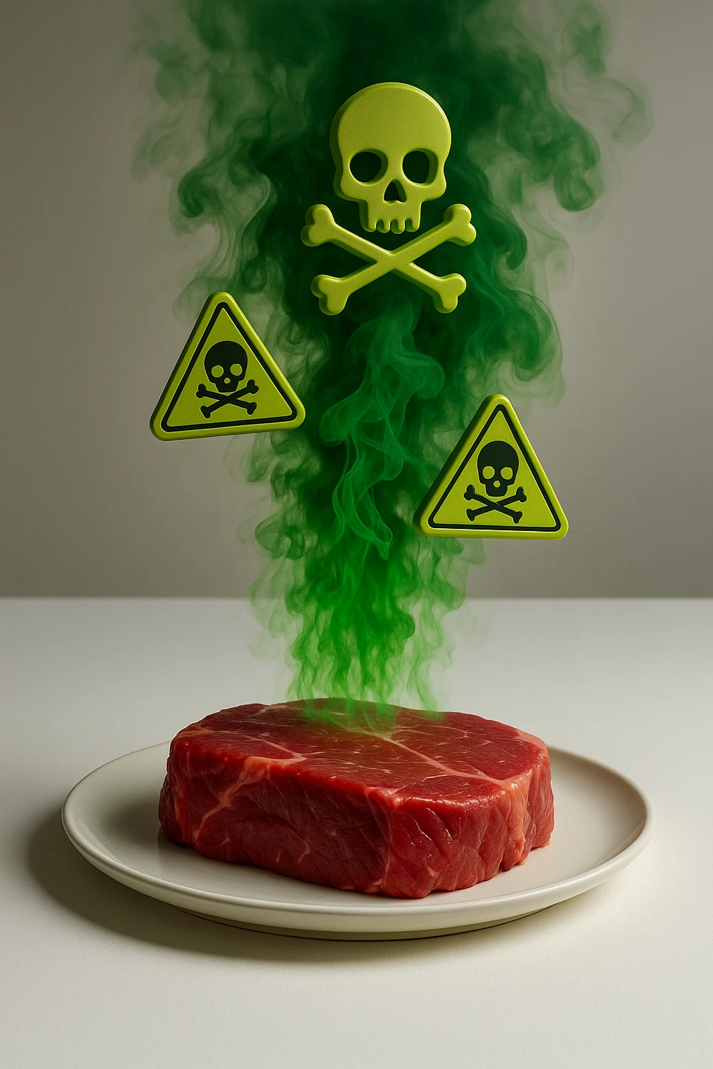 SU UN TAVOLO BIANCO MINIMAL. C'è UN PIATTO CON CARNE ROSSA CHE EMANA UN FUMO VERDE TOSSICO INSIEME A SIMBOLI 3D DI TOSSICITà, MOLTO REALISTICA E DETTAGLIATA, 4K emoji