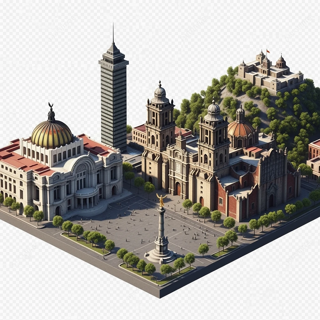 Isometric miniature of Mexico City Zócalo square with Metropolitan Cathedral, Palacio de Bellas Artes, Torre Latinoamericana, Chapultepec Castle, and Angel of Independence, atmosphere of the city 3D miniature effect and Tilt Shift effect, no cartoonish look, transparent background. emoji