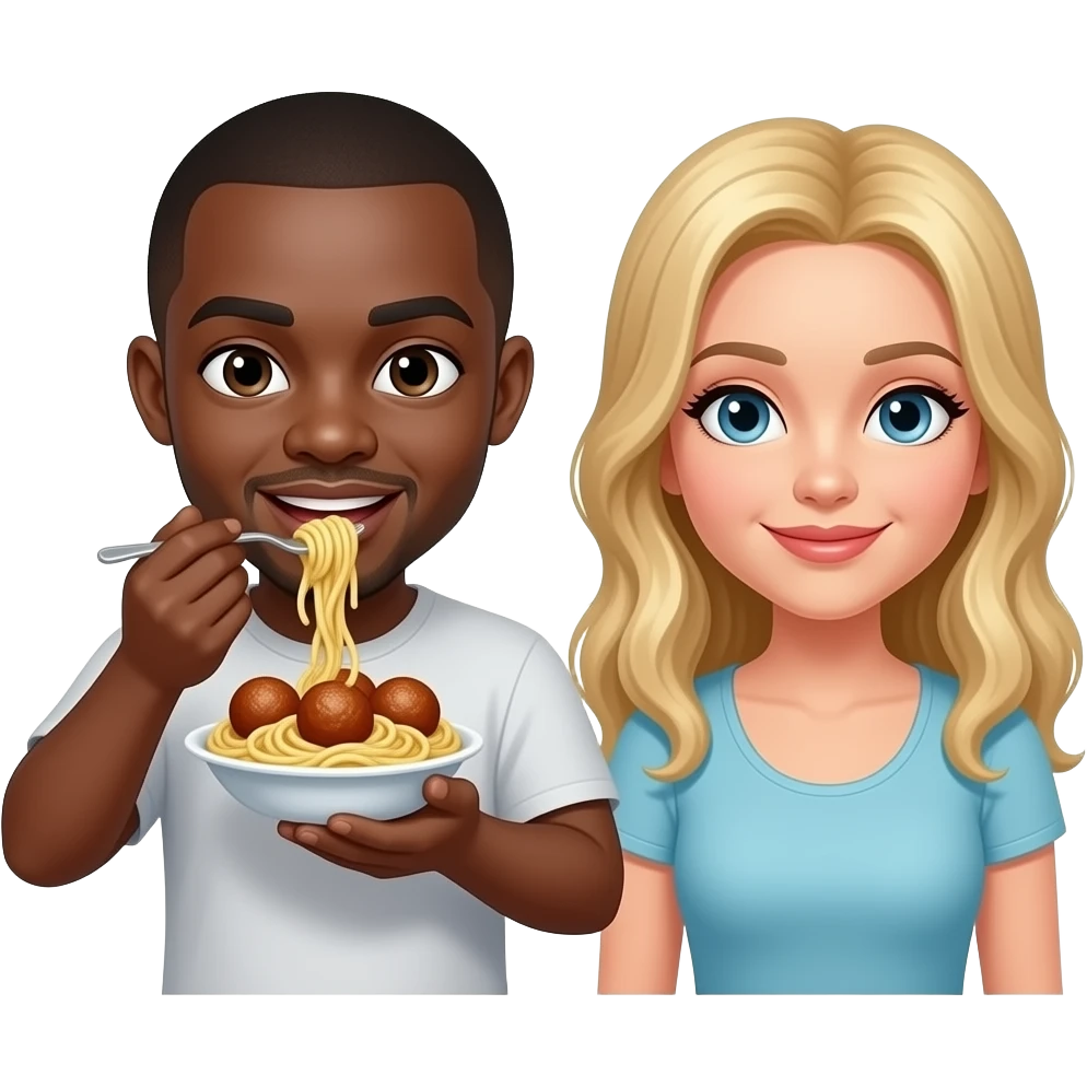 Black man with shaved head eating spaghetti & meatballs with blonde woman emoji
