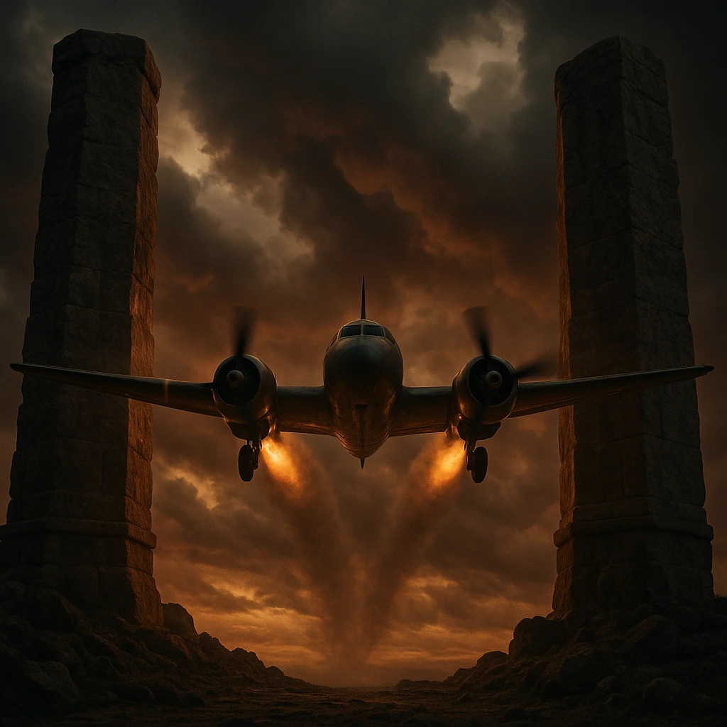 a plane flying at full throttle toward two tall stone pillars, dramatic scene emoji