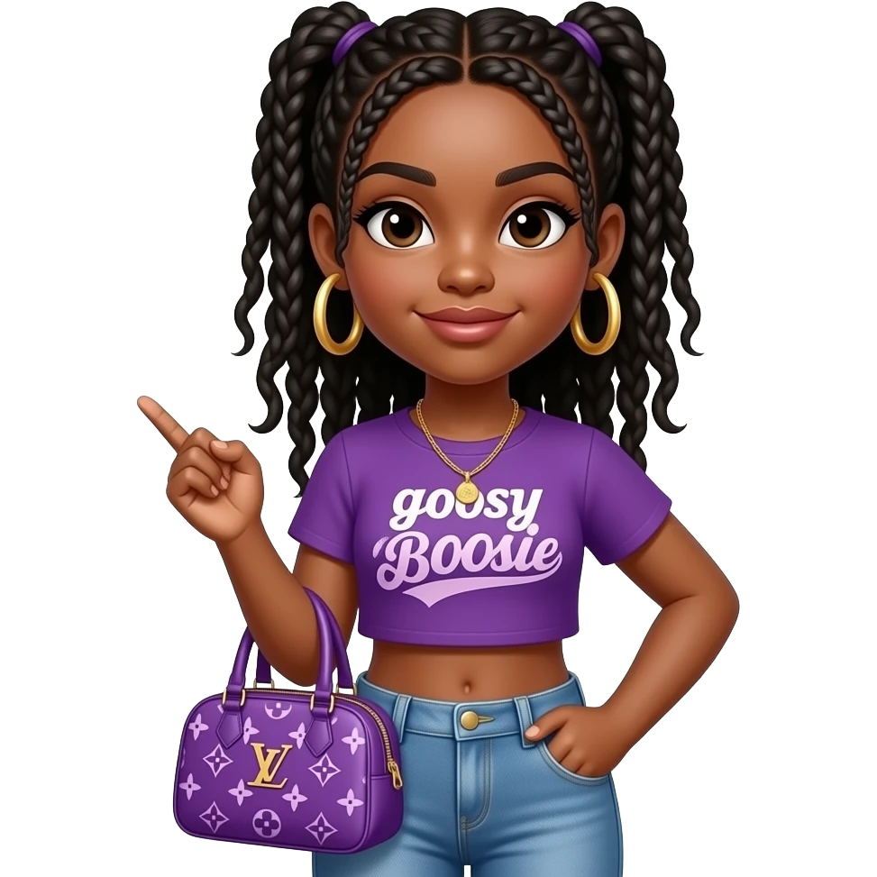 Black 13-year-old girl with BoHo braids, sassy with a purple Louis Vuitton bag a crop top that says goosy Boosie big hoop earrings that are gold and cute jeans emoji