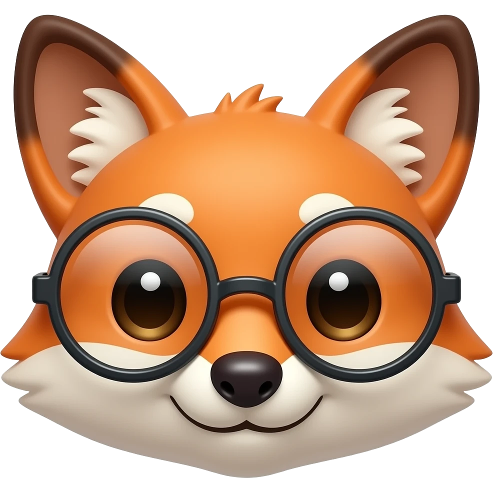 Cunning and cute fox face emoji wearing round-rimmed glasses, 3D emoji style, transparent background emoji
