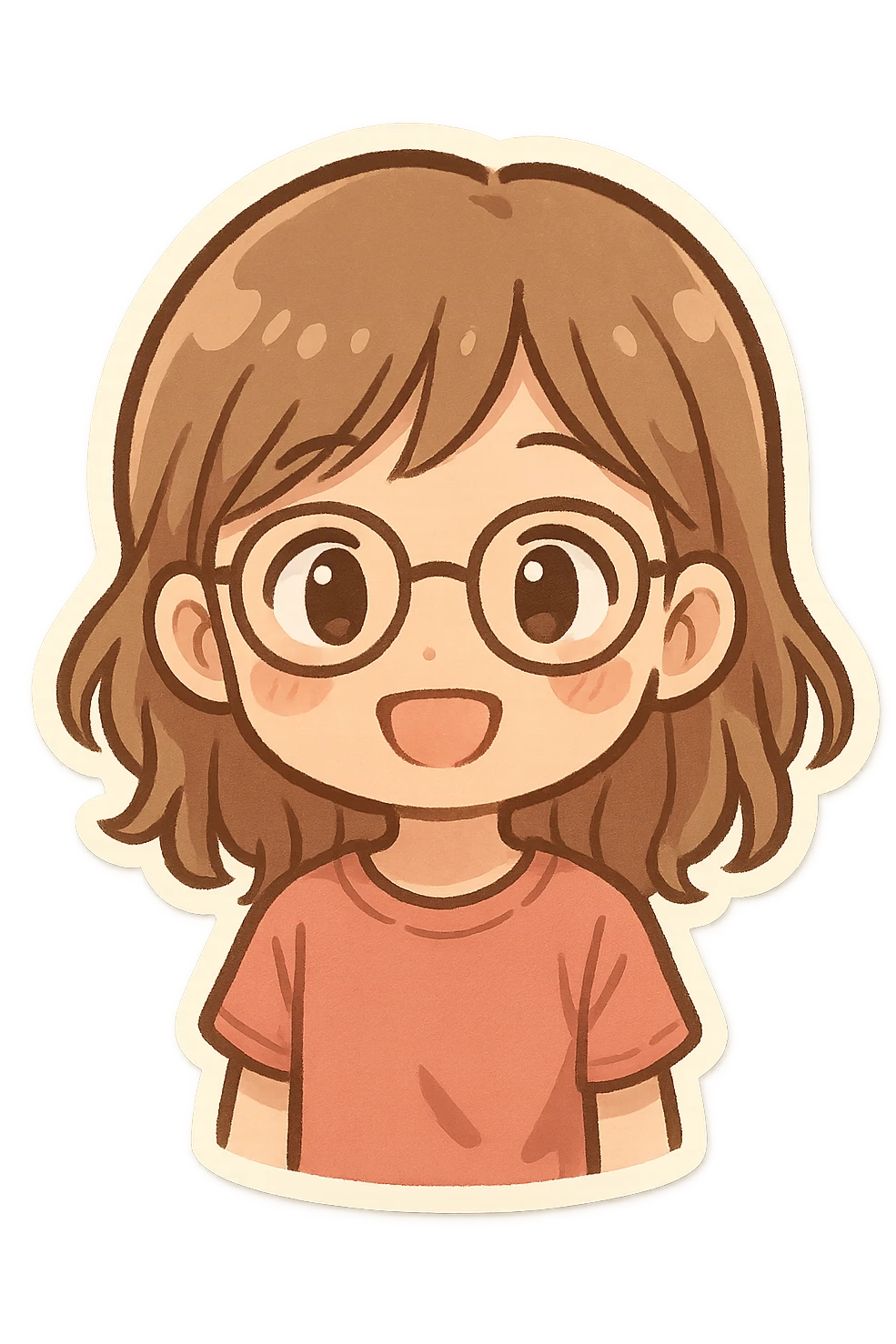 chibi sticker of a 10 year old girl, light brown hair, wearing glasses, smiling warmly, no text emoji