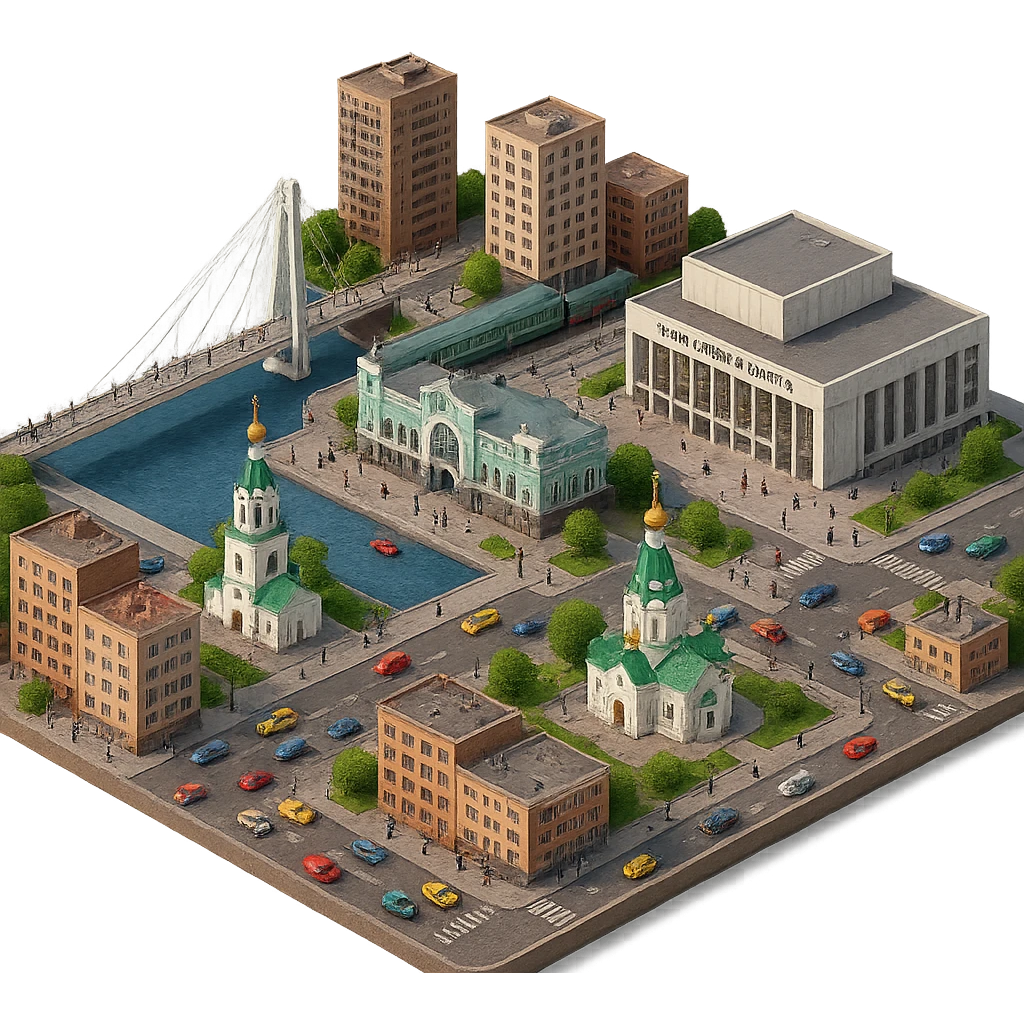 Изометричная чёткая миниатюрная фотореалистичная 3D модель панорамы Красноярска — Виноградовский мост, Благовещенская церковь, Красноярск-пассажирский, фотореалистичный Красноярский театр оперы и балета, дома, люди, автотранспорт. Вид сверху в изометрии, яркие цвета, прозрачный фон, компактная композиция. emoji