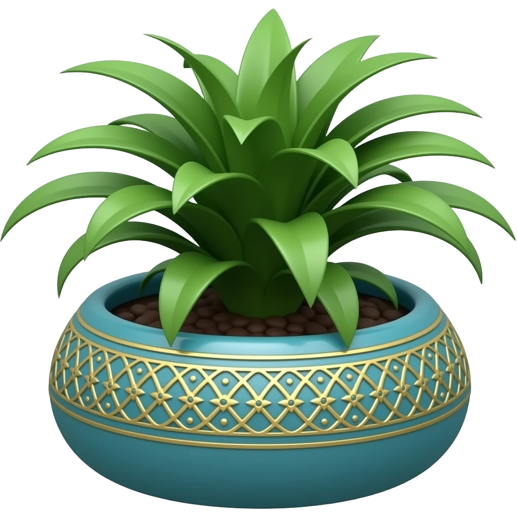 Create an elegant and decorative circular ceramic planter. The planter has a wide mouth and a low height. It is glazed turquoise and contains an Amazon lily plant. The background is white. Illustration style: cartoon – Art Deco – 2D emoji
