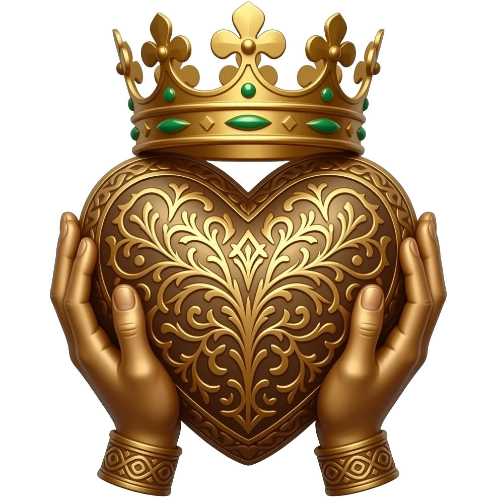 Simple Minds logo - two bronze hands holding with their fingertips a bronze heart richly ornamented with arabesques with a richly decorated royal crown emoji