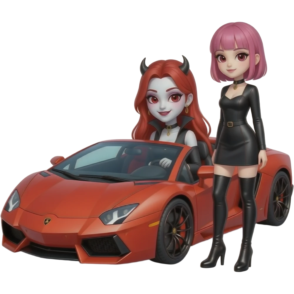 Vampiro femmina ADOLESCENTE con pelle bianca e capelli rossi lunghi che indossa un tubino nero con maniche lunghe e degli stivali lunghi neri con tacco che guida una Lamborghini  insieme alla sua amica VAMPIRO con i capelli rosa e la frangia che ha una gonna corta nera emoji