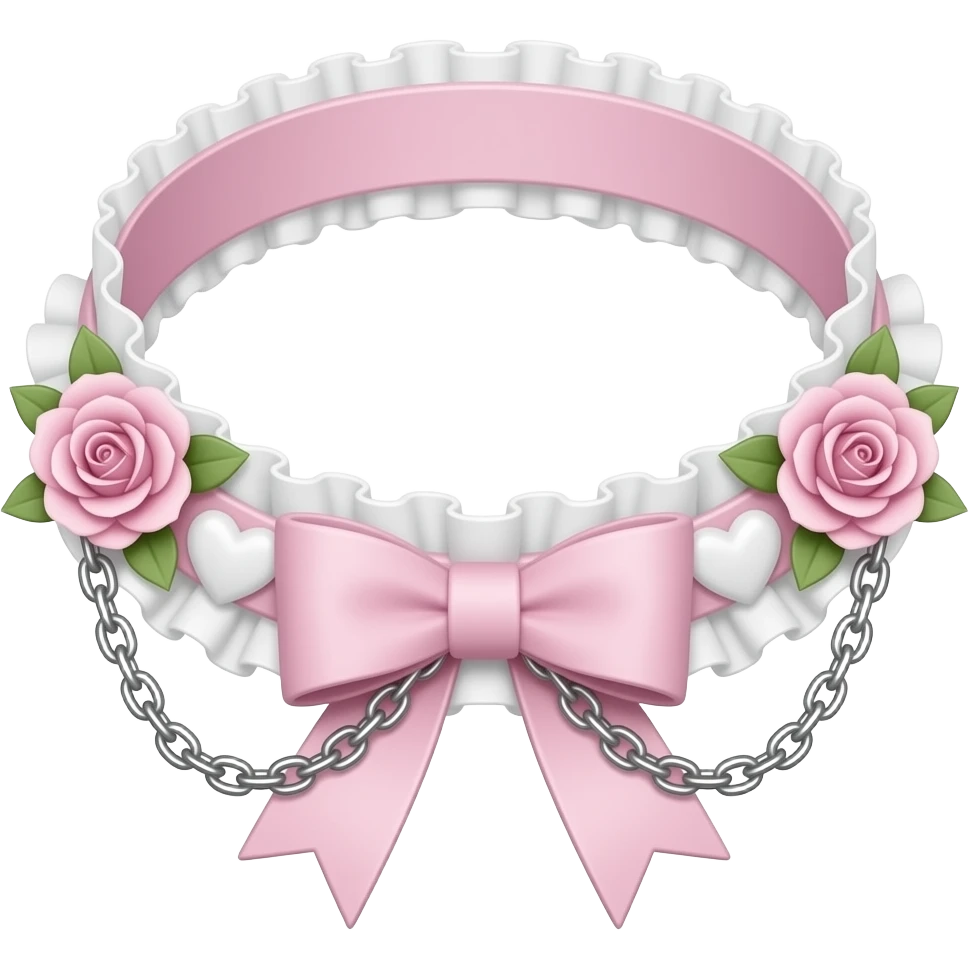 Pastel-baby-rose-pink Lolita-styled aesthetic cute kawaii choker-collar-necklace adorned with with white frills, roses, hearts, bow tie, silver chains, emoji
