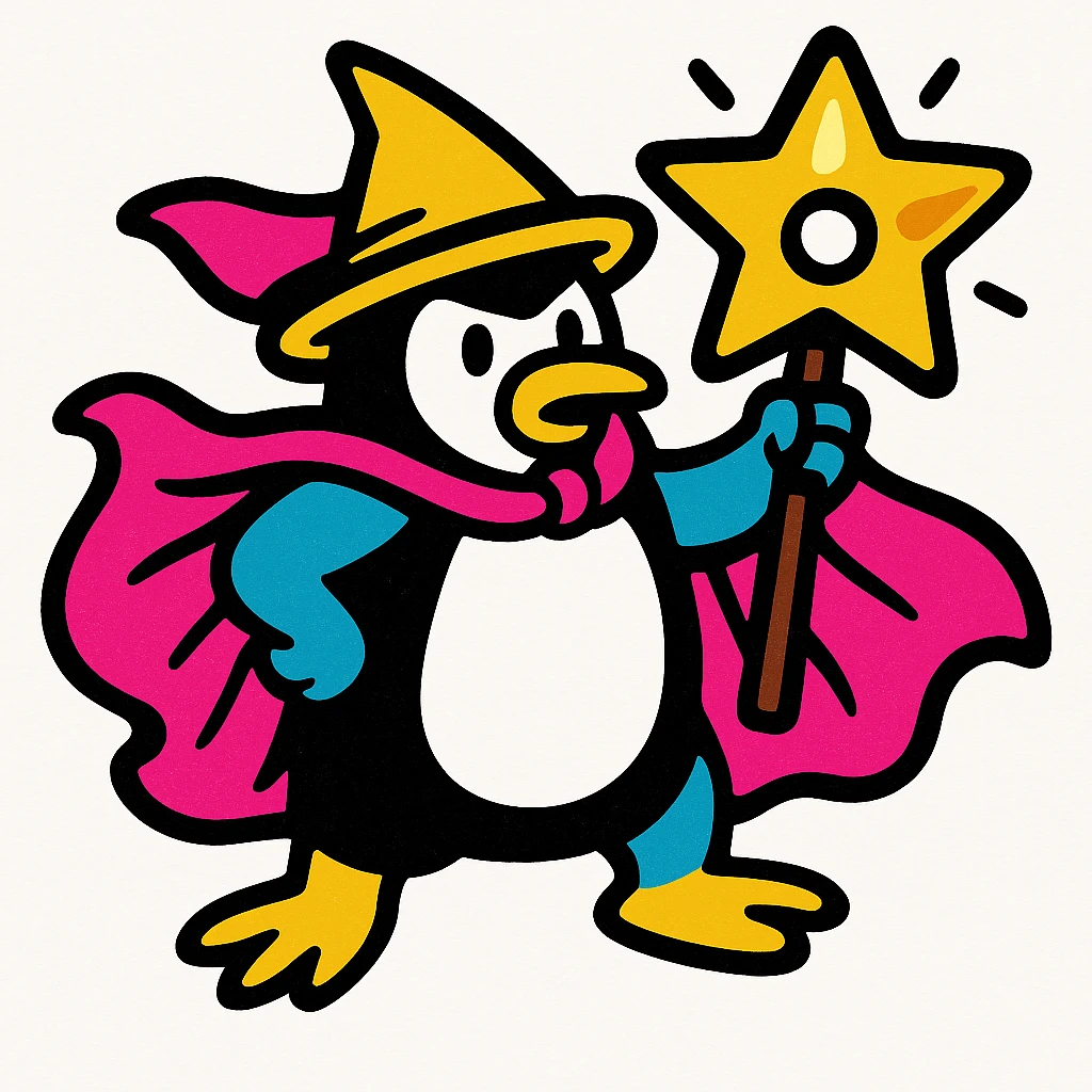 Add a magical star accessory inspired by the yellow star with a hole in the second reference image to the penguin wizard's staff. The star should look like a magical artifact, bold and colorful in style, matching the vibrant toon style. emoji