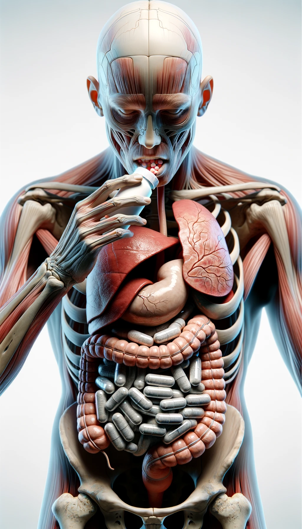 corpo umano anatomico con intestino in evidenza che prende pillole con espressione neutra in volto, iperrealistico 4k, isolato su sfondo bianco emoji