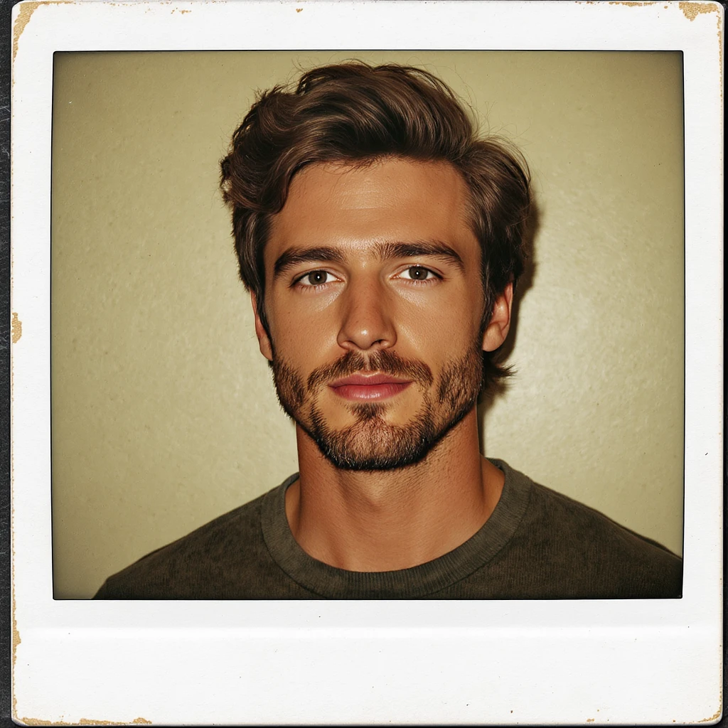 portrait illustration of Andrew Garfield, styled hair, beard, confident expression, warm tones, classic instant photo border emoji
