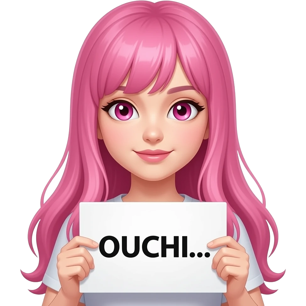 sexy girl with long pink hair and pink eyes holding OUCHI... sign emoji