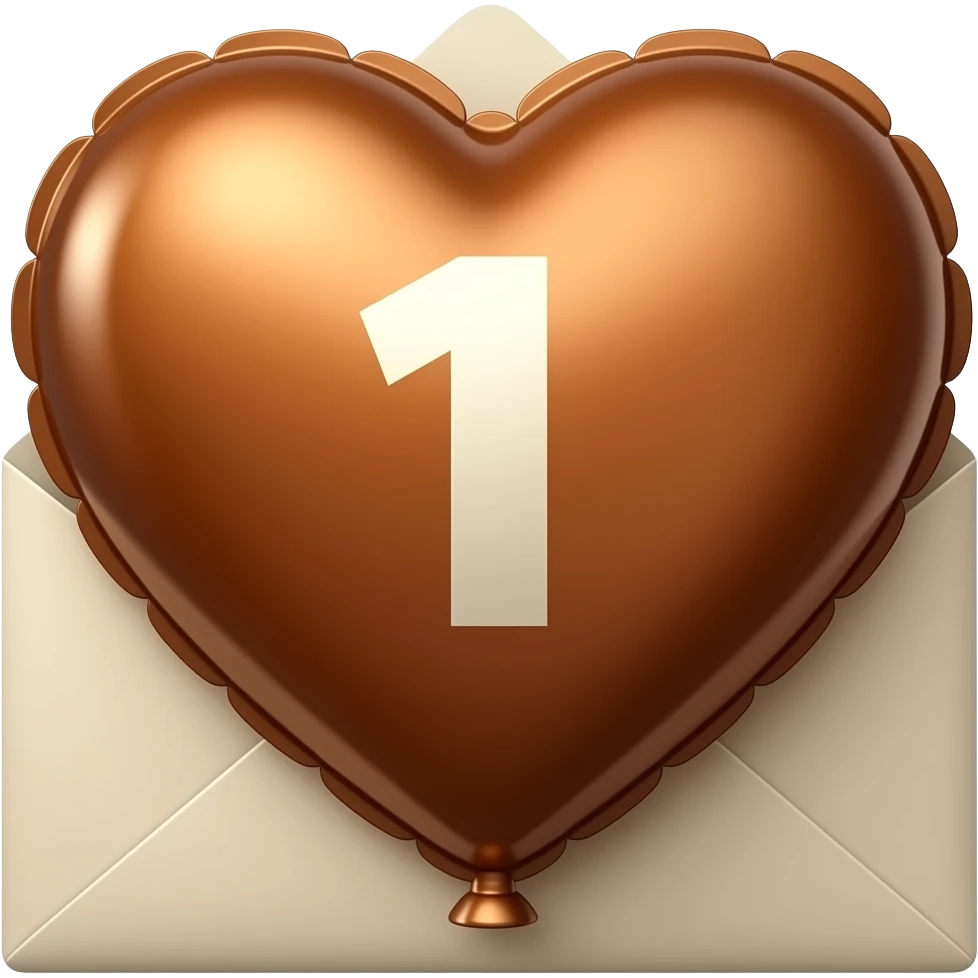 dark brown love letter in drak beige and dark orange metallic heart-shaped balloons with a number 1 in the center of the ballon the ballon without a ribonn emoji