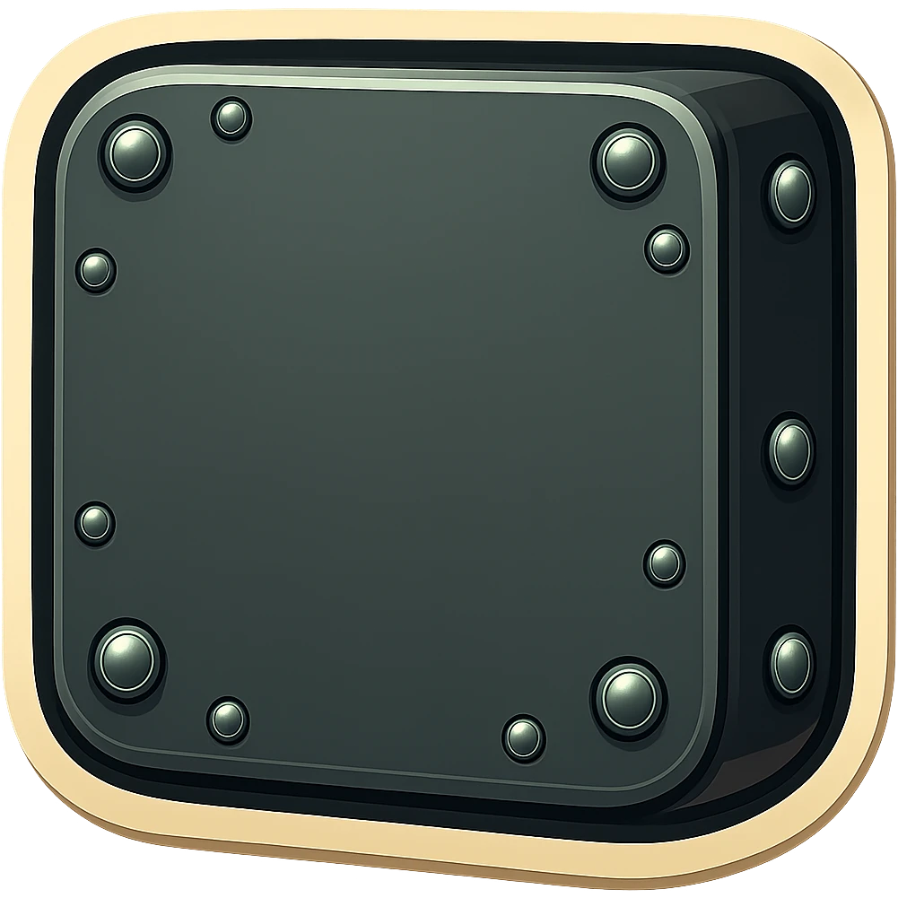 Add metallic rivets to all outside edges (the visible sides, not the large front face) of the metal slab in a retro sticker style. Keep the background transparent. emoji