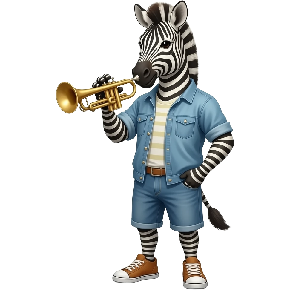 людиноподібна зебра у всеь рост, одягнена в стилі кежуал  грає на трубі emoji