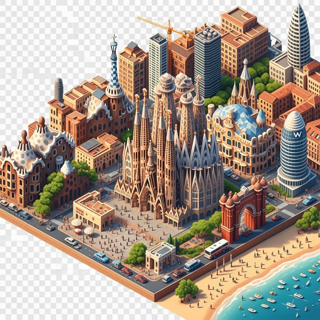 Isometric illustration of Barcelona, featuring Sagrada Familia with intricate spires, highly detailed in semi-realistic style, balanced between stylized and realistic, 3D miniature effect, transparent background. emoji