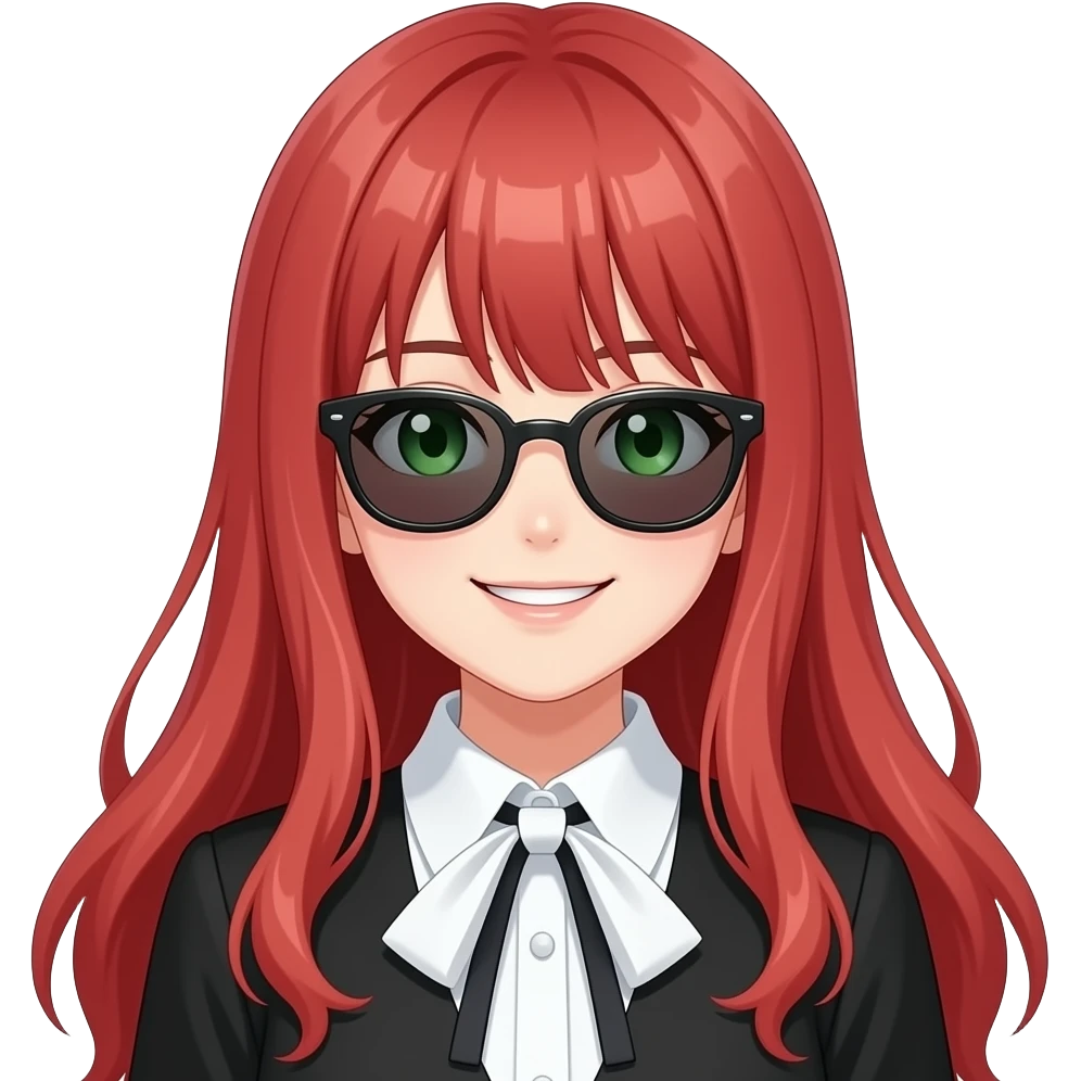 anime sunglasses and smile long red hair green eyes black blouse with white collar emoji