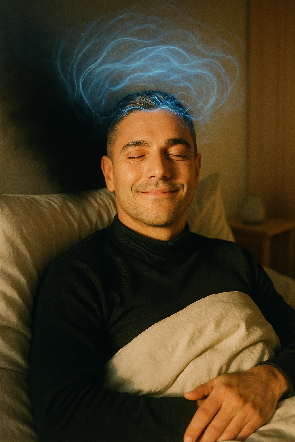 A cinematic image of a man in his mid-30s lying in bed, just waking up from deep sleep. His expression is calm and visibly transformed — a sense of inner peace, relief and subtle joy on his face. Soft morning light enters the room, casting gentle golden tones over his features. His eyes sono ancora semi chiusi, ma il viso è disteso, come se un grande peso fosse stato rilasciato durante la notte. Accanto a lui, simbolicamente sfocato, un’ombra o un alone scuro si dissolve, rappresentando il malessere notturno superato. Intorno alla sua testa, leggere onde di luce azzurra o bianca simboleggiano l’attività cerebrale rigenerativa della fase REM. La camera è ordinata, minimalista, con materiali naturali. L’atmosfera è serena, rigenerativa, intima. Shot in 35mm film style, high realism, shallow depth of field, warm highlights and clean shadows. emoji