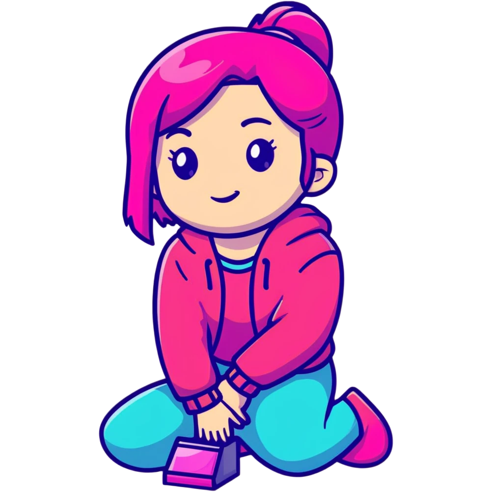 Girl kneeling in playful pose, transparent glass style, bright pink gradient, with shadows and highlights, minimalist design emoji
