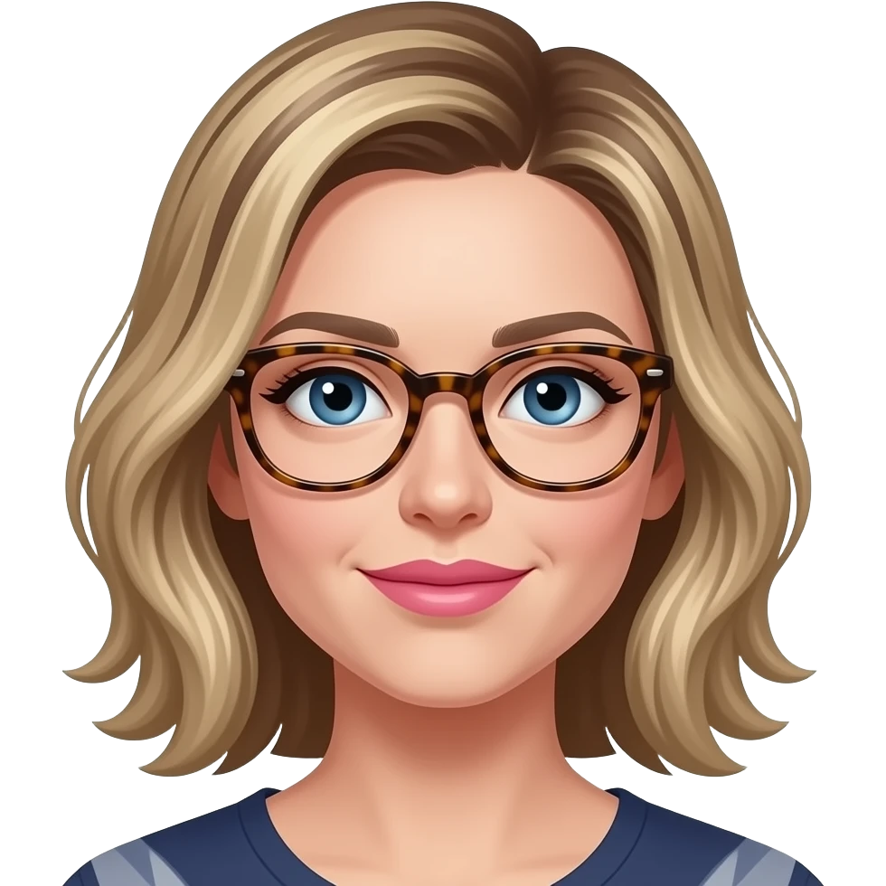 woman with dirty blond highlighted hair, tortise shell glasses, pink lips, and blue eyes emoji