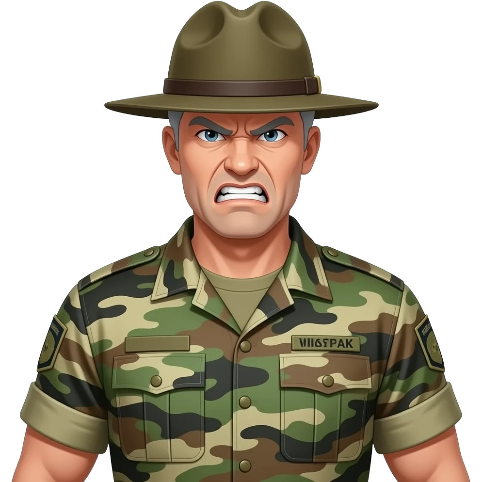 white sergeant character with gray hair. Wearing a classic drill sergeant hat, urban camouflage uniform, army shirt. The character should have an angry intense expression. full torso and arms emoji