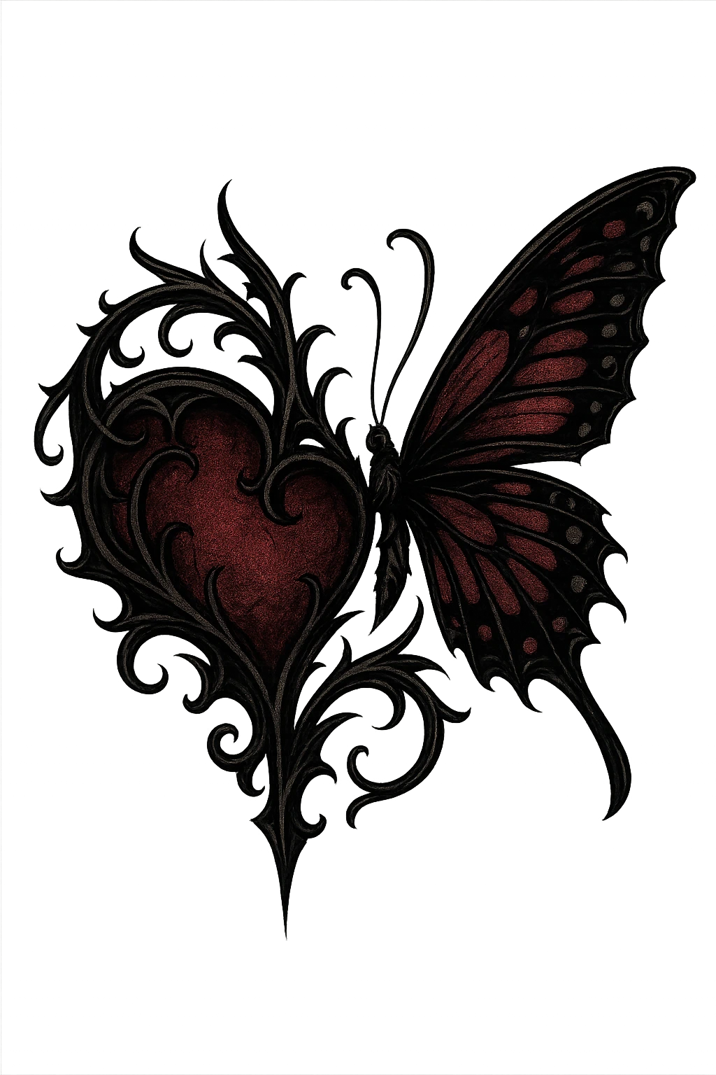 gothic style heart with a butterfly, black and deep red colors emoji