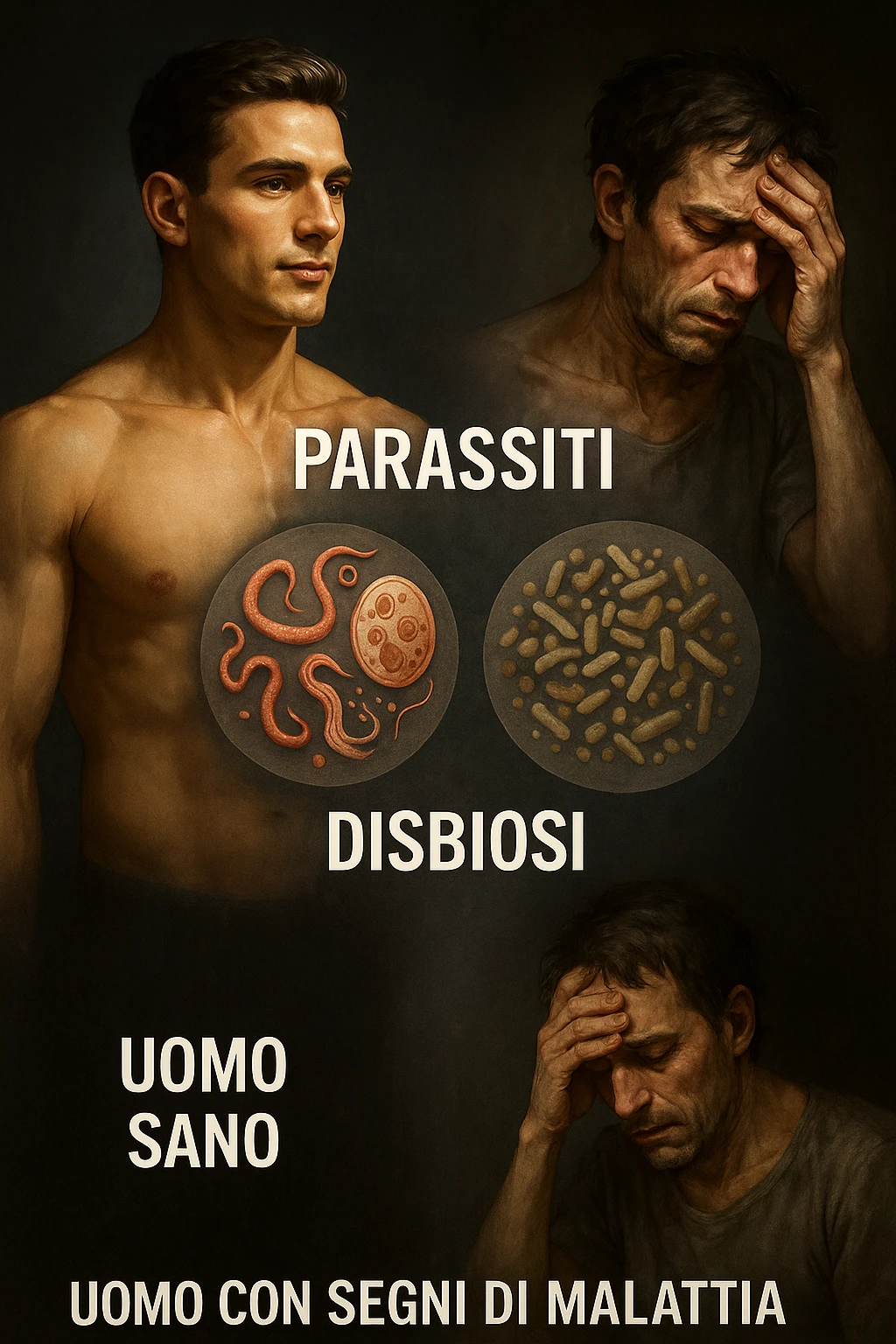 vertical realistic illustration: healthy man on the left, man with symptoms of illness on the right, central visual elements like parasites and dysbiosis connecting the two conditions. Clinical atmosphere, dramatic lighting, captions in Italian, 2:3 aspect ratio. emoji