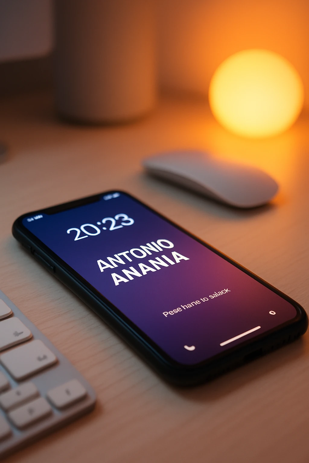 A photo of an iPhone on the desk with the message "Antonio Anania" on its screen, The phone sits atop a desk with a blurred background that suggests work environment. A faint glow from above casts gentle shadows across the surface of each object, creating depth and highlighting their textures emoji
