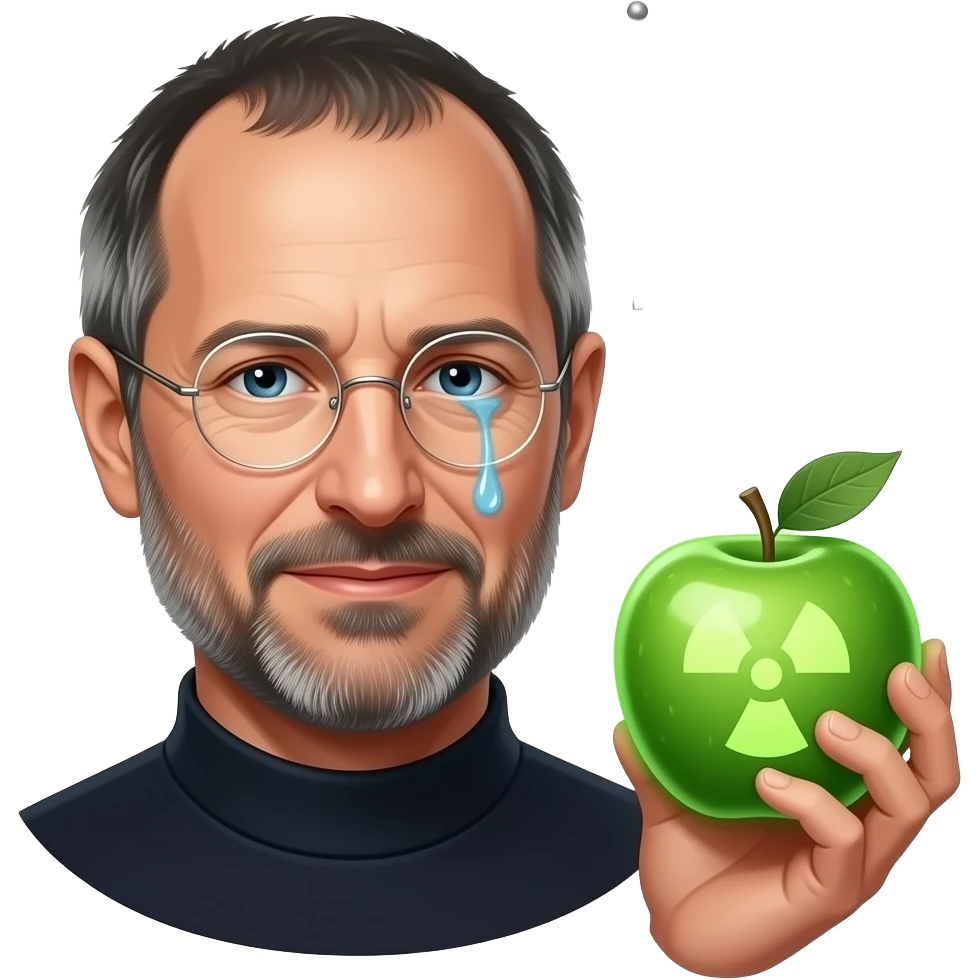 apple cofounder steve jobs holding a half eaten glowing neon green radioactive apple while crying single oil droplet tears and milk rains from the sky and a single saskatchewan flag is flying emoji